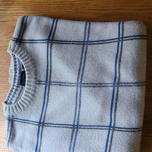 Mens Haggar XL sweater, blue and green striped front solid beige back